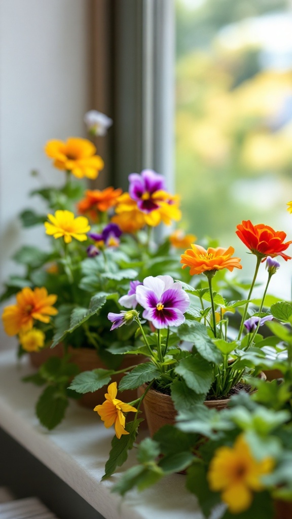 A collection of vibrant edible flowers in pots on a windowsill, showcasing yellow, orange, purple, and white blooms.