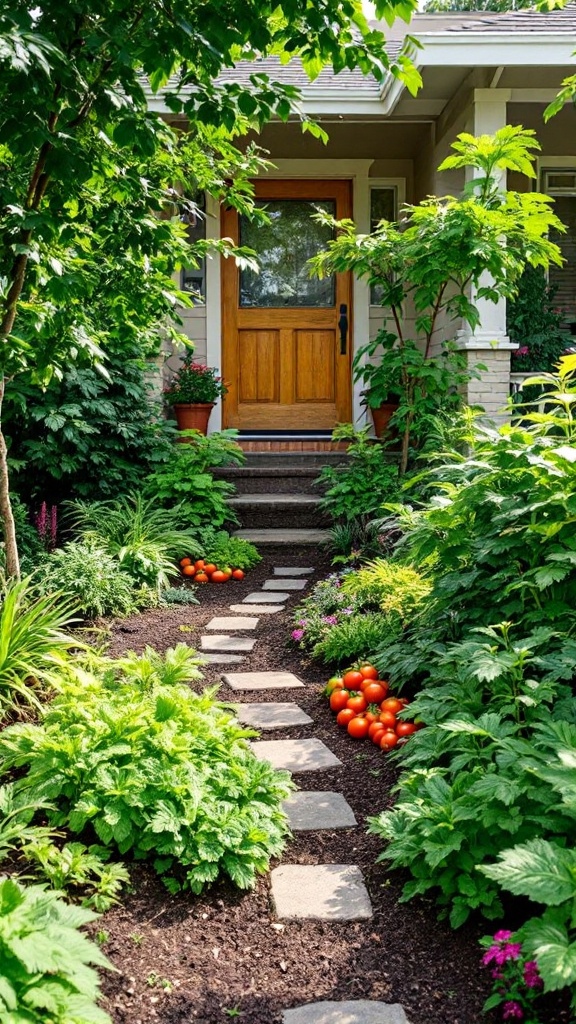 A beautiful front garden pathway lined with lush green plants and ripe tomatoes, leading to a wooden front door.