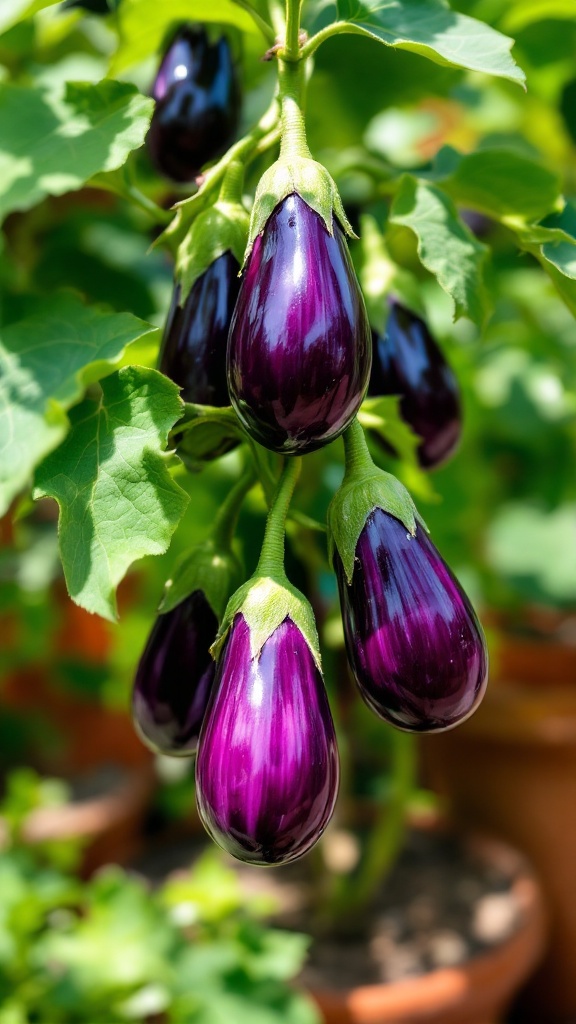 A bunch of ripe eggplants hanging from a plant, thriving in pots.