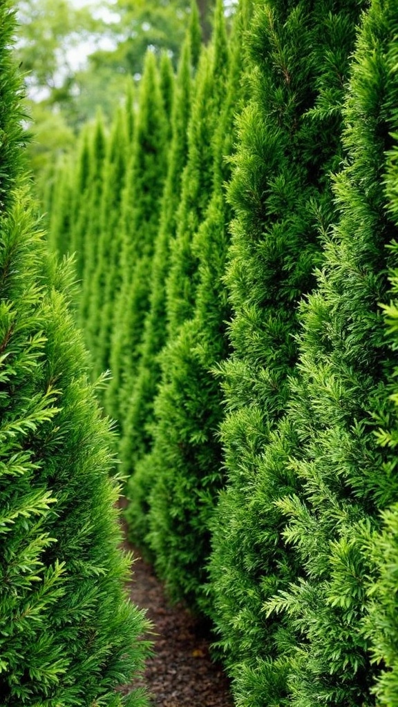 A row of Emerald Green Arborvitae trees lined up, showcasing their tall and narrow shape.