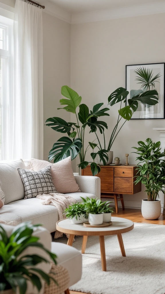 A cozy living room with a light-colored sofa, decorative pillows, and various indoor plants, creating a fresh and vibrant atmosphere.