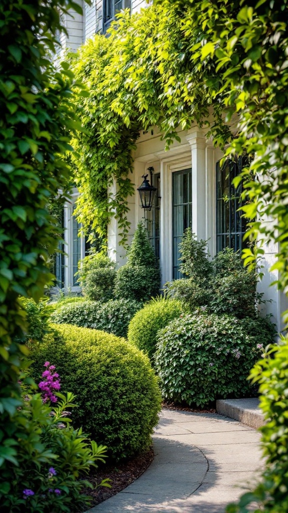 A beautifully landscaped front yard with lush green bushes and a stone pathway.