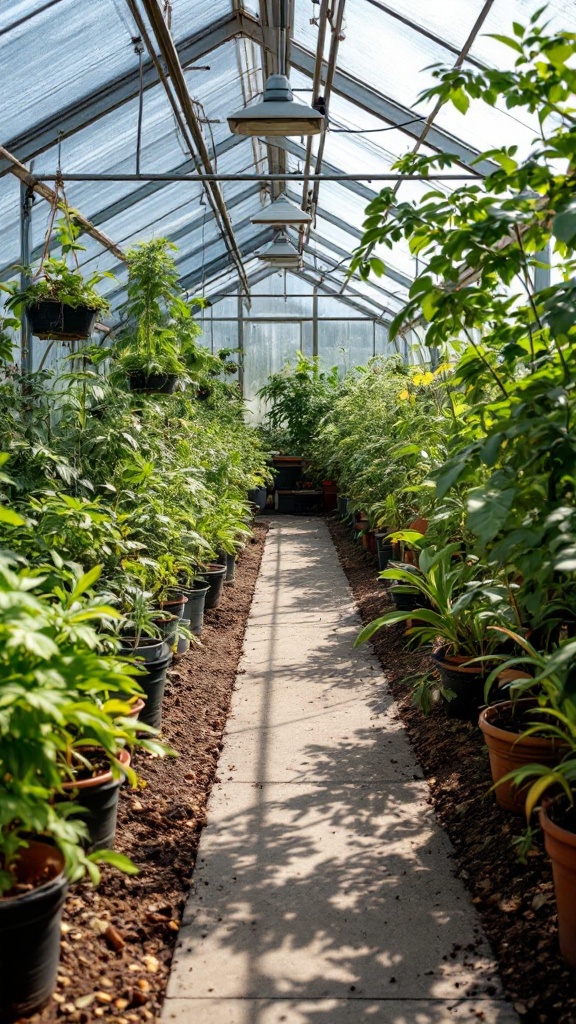 A well-maintained greenhouse with various plants in pots and a clear pathway.