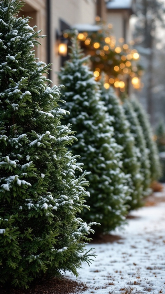 Row of evergreen bushes covered in snow beside a house