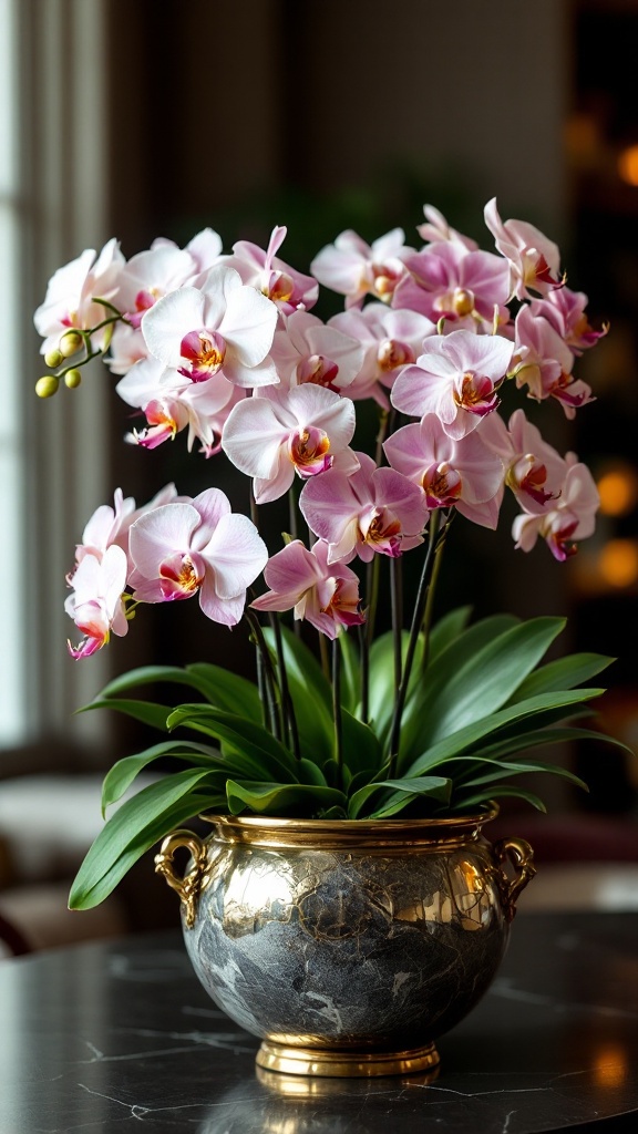 A beautiful arrangement of pink orchids in an ornate container.