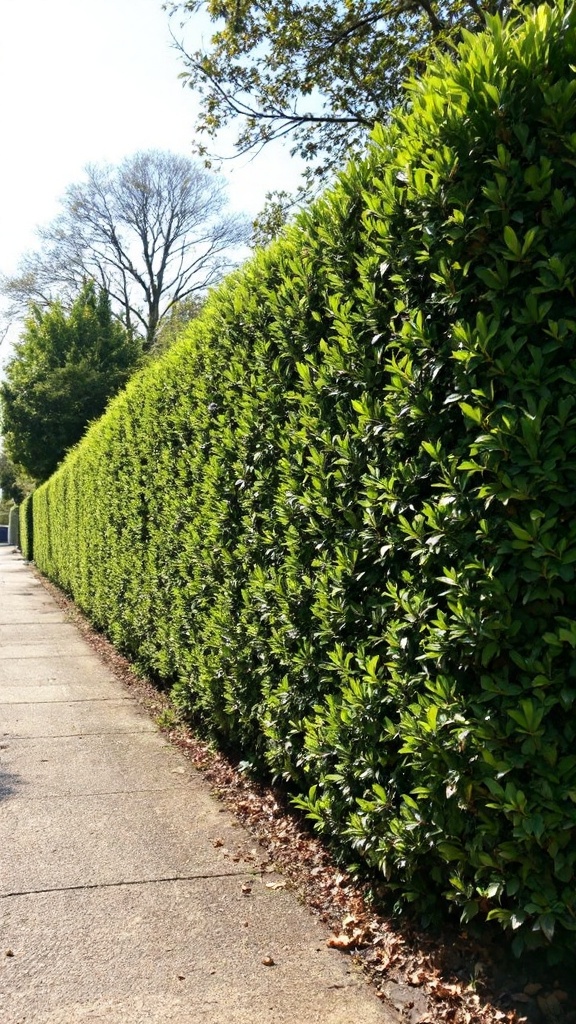 A neatly trimmed tall privet hedge along a sidewalk.