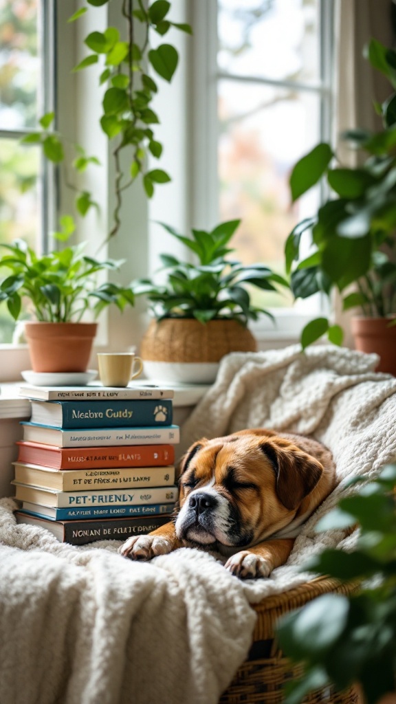 A cozy scene with a sleeping dog on a blanket surrounded by pet-friendly plants and books.