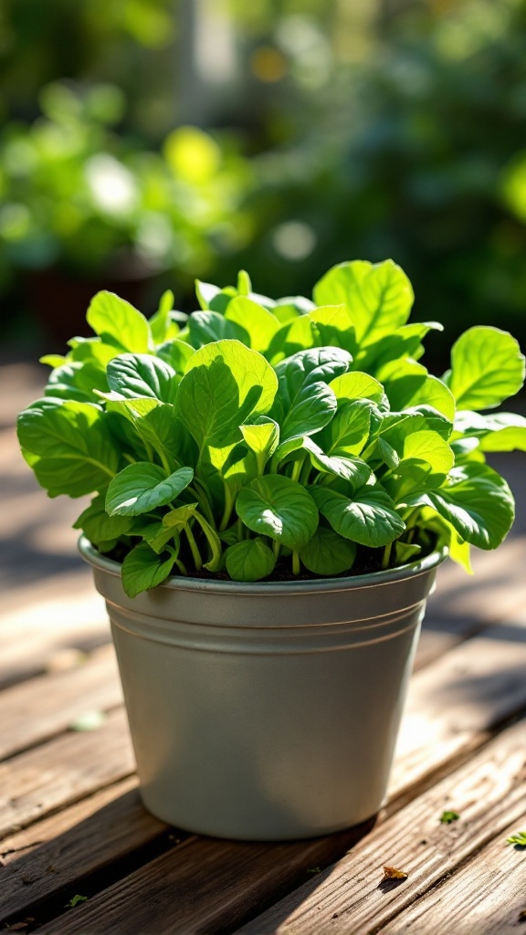 A healthy spinach plant in a pot on a wooden surface.