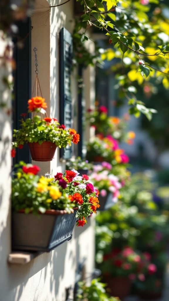 Beautiful hanging flower baskets filled with vibrant blossoms on a sunny balcony.