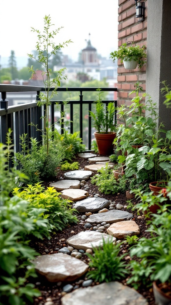 A small balcony garden featuring a stone path surrounded by lush green herbs and plants.