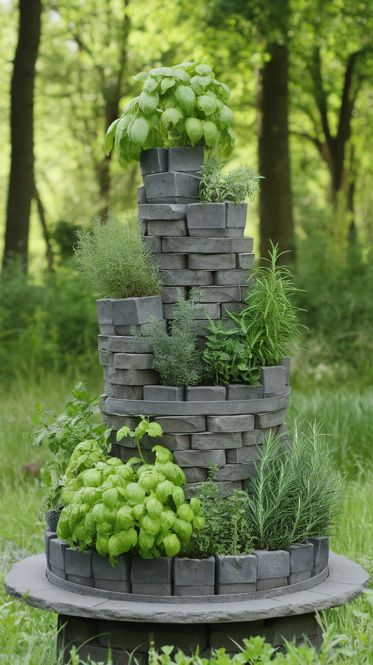 A beautifully arranged herb spiral garden made of stone, showcasing various herbs like basil and rosemary.