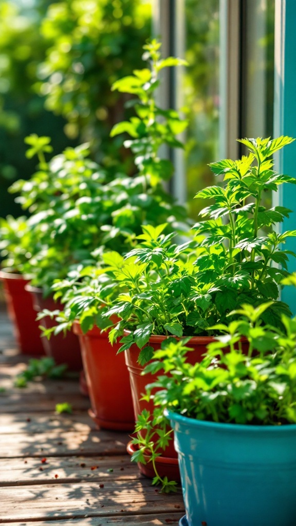 Container garden with lush green herbs in colorful pots