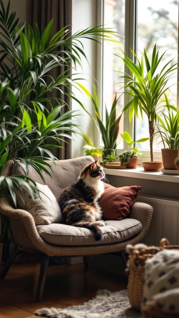 A cozy living room with a cat sitting on a chair, surrounded by various indoor plants near a window.