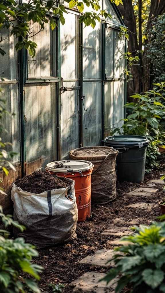 A composting area with filled bags and bins near a greenhouse.