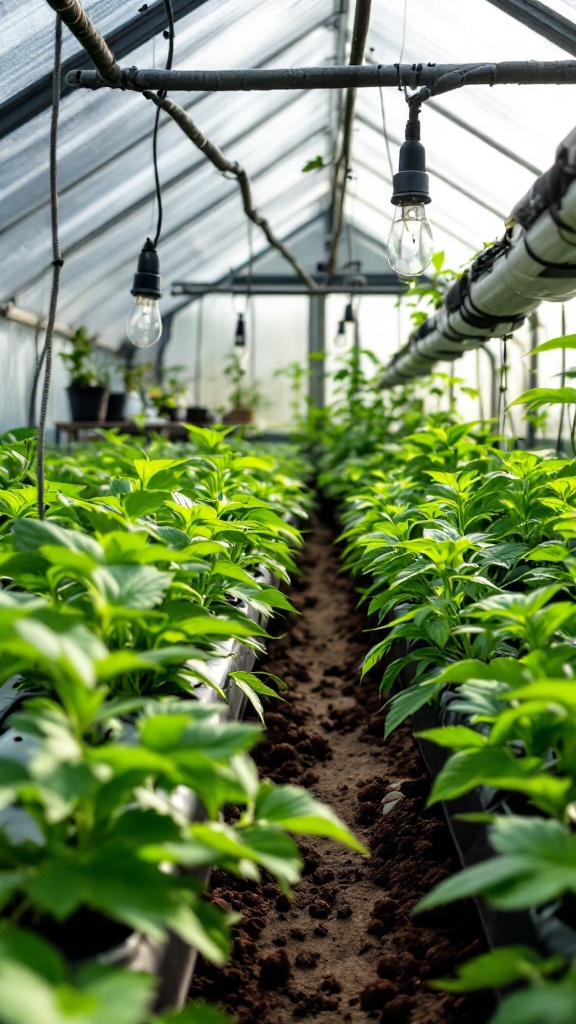 Green plants growing in a hydroponic system inside a greenhouse.