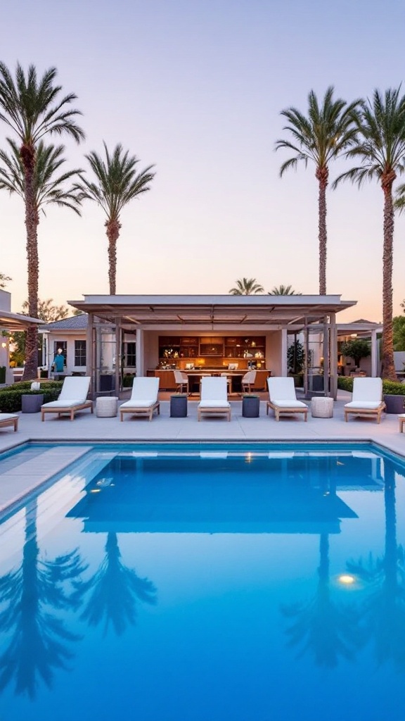 A poolside area featuring lounge chairs, palm trees, and a bar in the background.