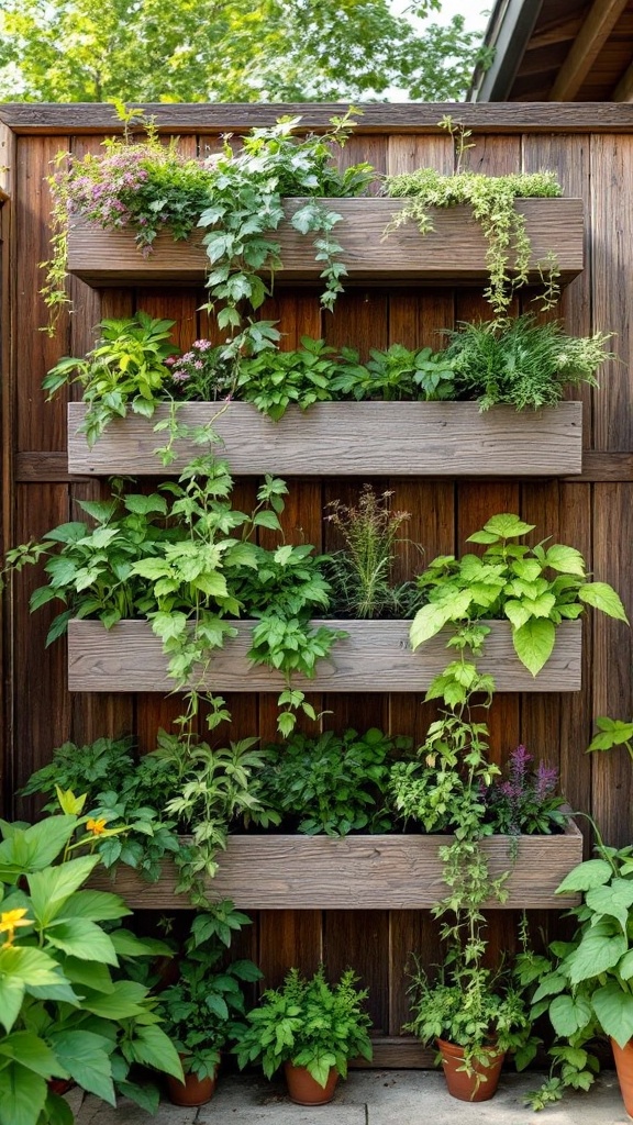 A vertical garden with various plants arranged in wooden boxes against a wooden fence.