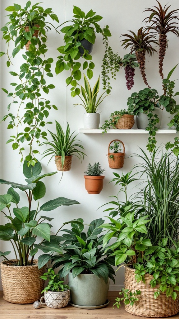 A variety of indoor plants arranged on a wall, with some in hanging planters and others in decorative pots.