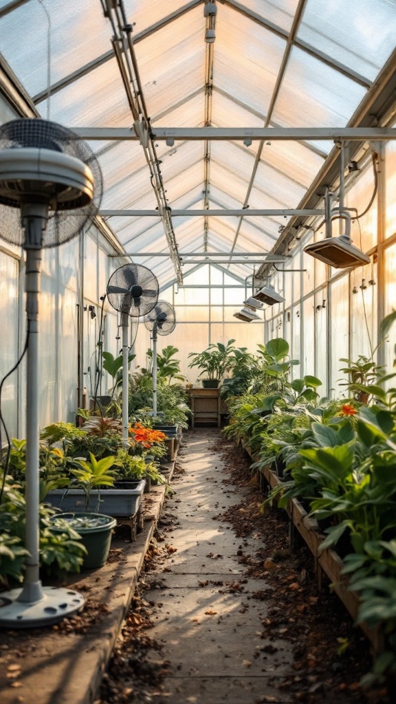 A greenhouse interior with various plants, fans, and heating elements.