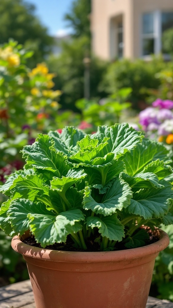 A vibrant kale plant in a terracotta pot surrounded by colorful flowers in a garden.