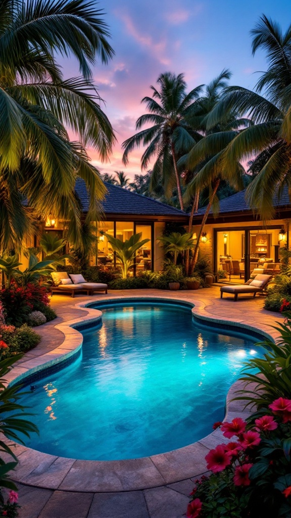 A beautifully landscaped pool area surrounded by tropical plants at sunset.