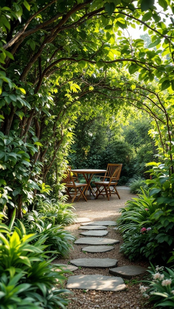 A pathway leading to a wooden table and chairs surrounded by lush greenery.