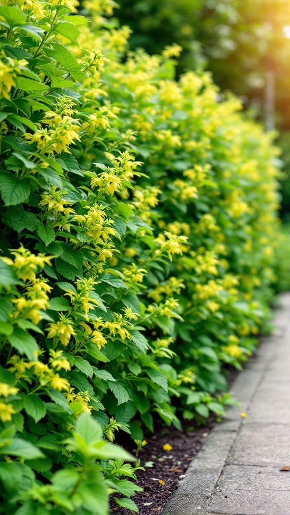 Lemon balm plants with yellow flowers growing along a path