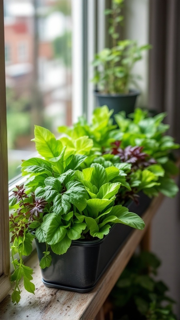 A window sill with a variety of lush green lettuce and salad greens in black pots.