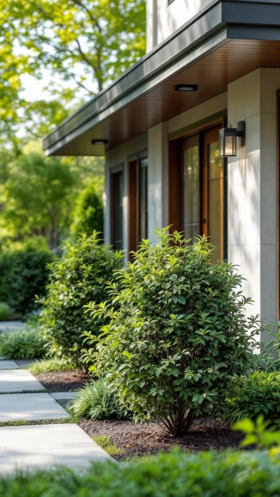 A well-maintained garden featuring low-maintenance bushes alongside a walkway and a modern home.