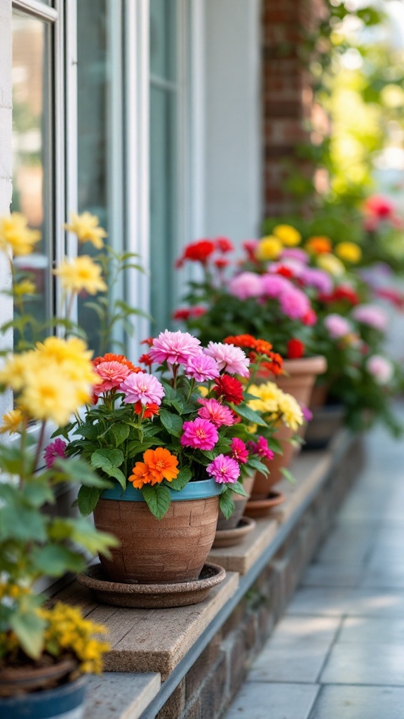 Colorful pots of flowers arranged along a balcony railing.