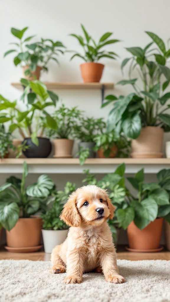 A cute puppy sitting on a rug with various potted plants in the background.