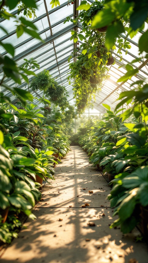 A greenhouse filled with lush green plants and sunlight streaming through the glass roof.