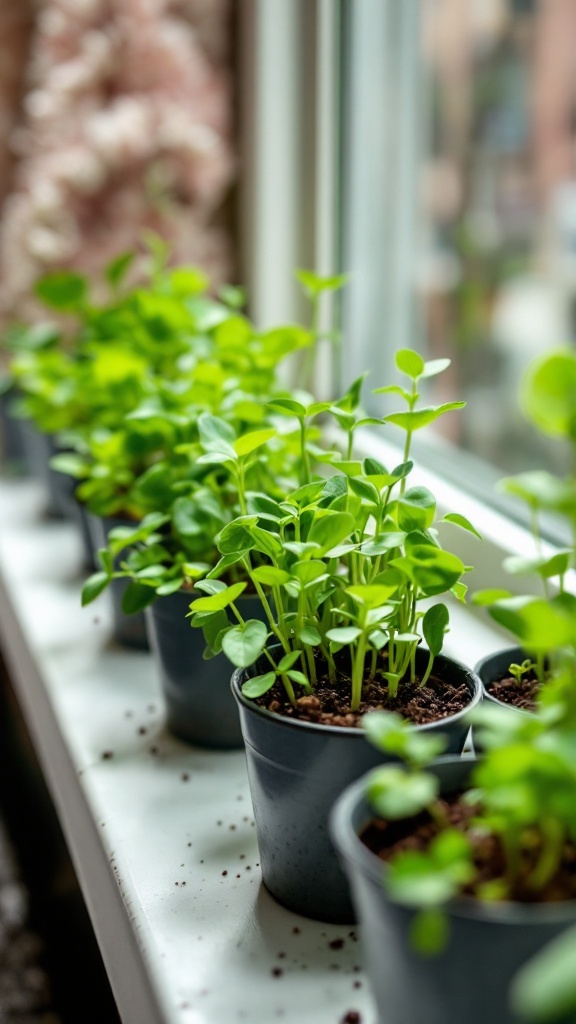 Several small pots with young green plants on a windowsill.