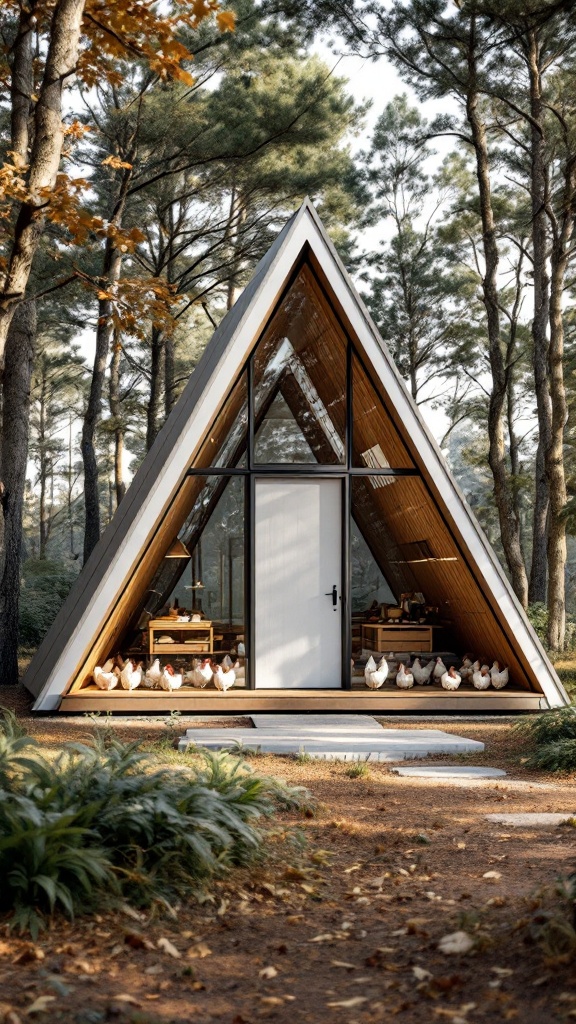 A modern A-frame chicken house surrounded by trees, with chickens visible in front.