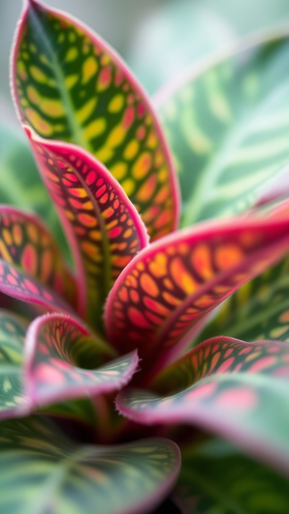 Close-up view of a nerve plant with colorful patterned leaves in green, pink, and yellow.