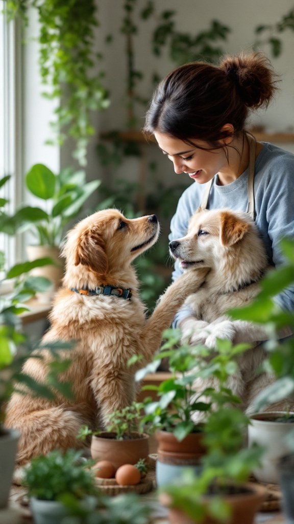 A person joyfully interacting with two dogs among various indoor plants.