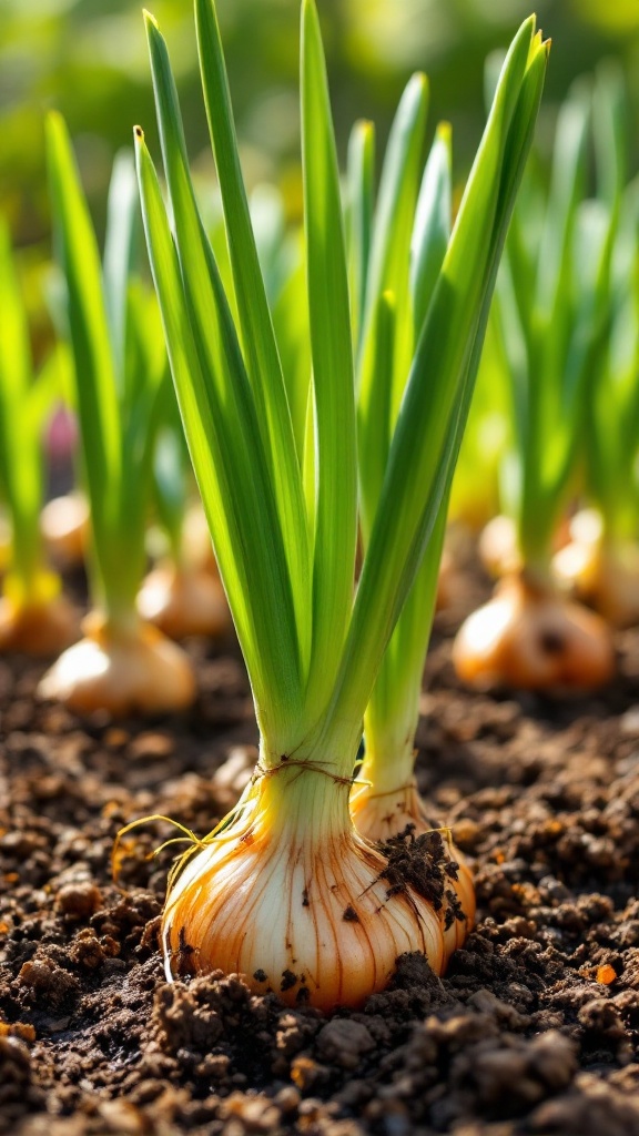 Close-up of young onion plants sprouting from the soil.