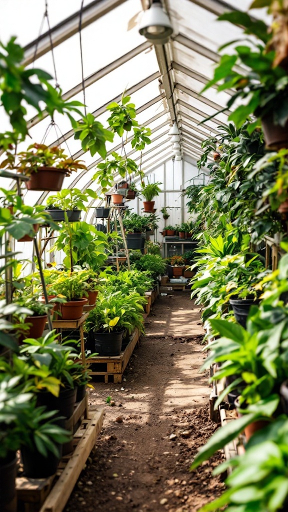 A vibrant greenhouse filled with various potted plants arranged neatly along the pathways.