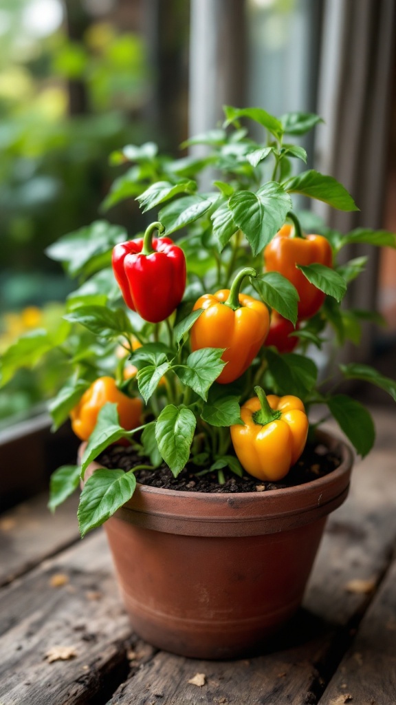 A potted plant with red and yellow bell peppers, growing indoors.