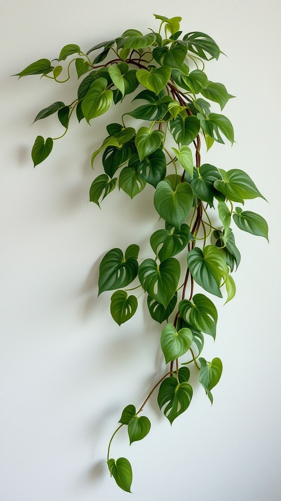 A beautiful Philodendron plant with heart-shaped leaves climbing along a wall.