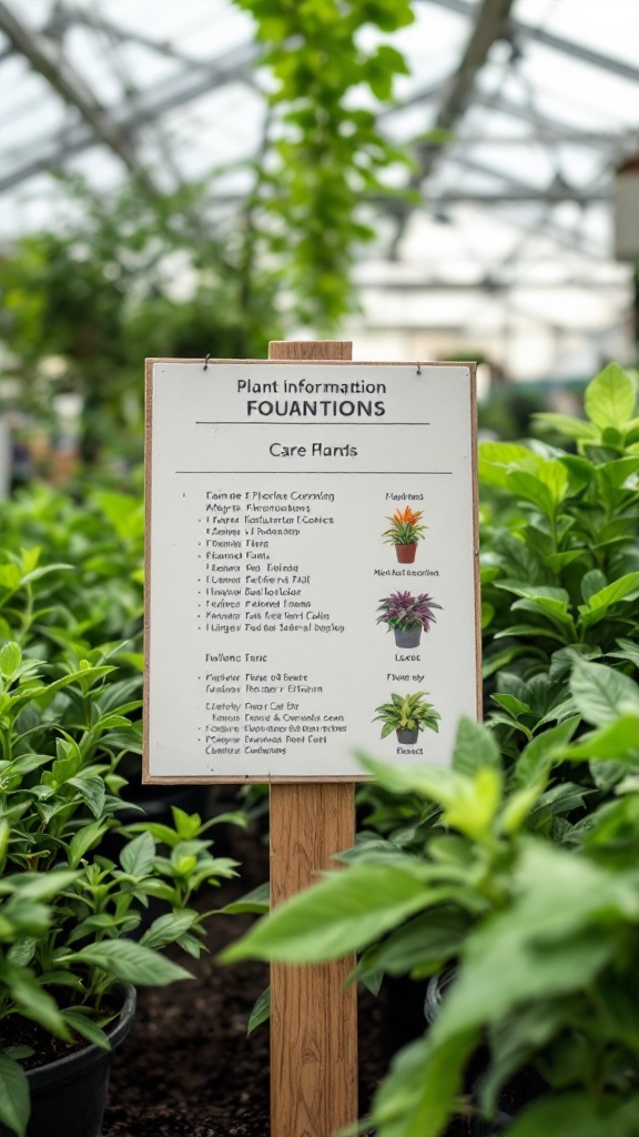 A sign displaying plant care information in a garden