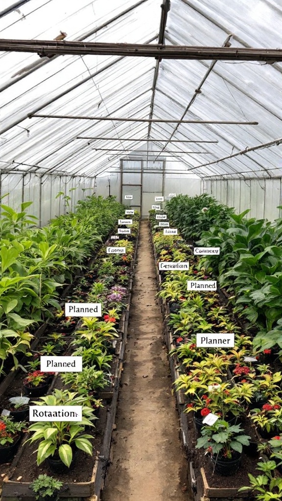 A greenhouse with labeled sections for plant rotation, showing various plants arranged along the paths.