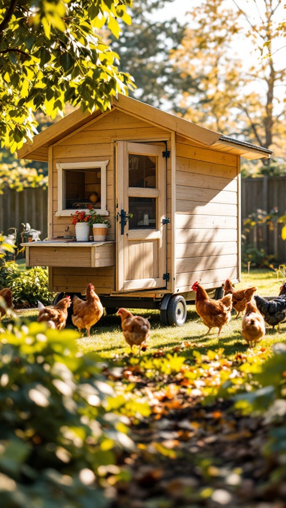 A portable chicken coop on wheels surrounded by chickens in a sunny garden.