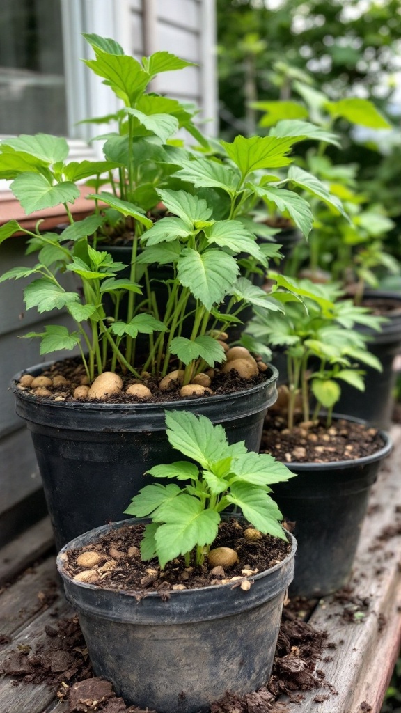 Potted potato plants growing in containers on a wooden surface.