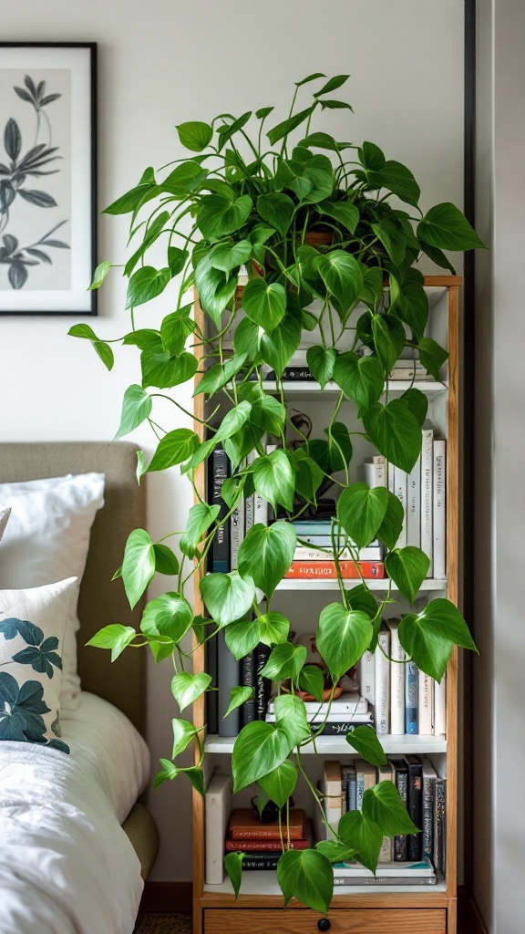 A thriving Pothos plant draping over a bookshelf next to a bed.