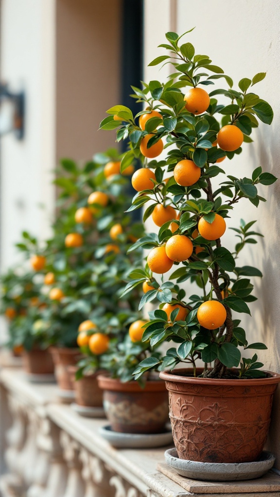 Beautiful potted citrus trees with vibrant oranges on a balcony