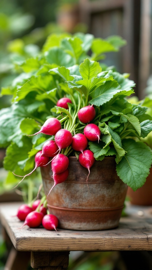 A pot of vibrant red radishes with green leaves, placed on a wooden table.