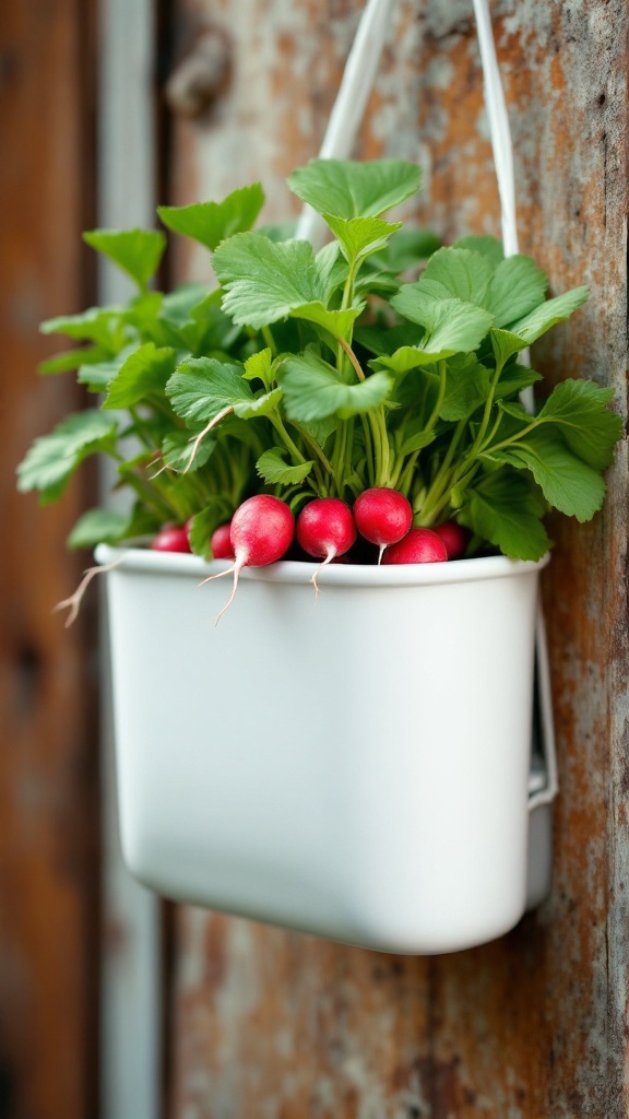 A white planter filled with fresh green radish leaves and red radishes.