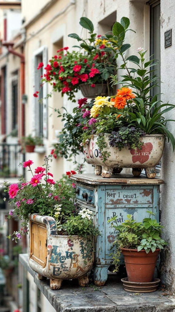 Colorful flowers and plants in repurposed furniture planters on a balcony.