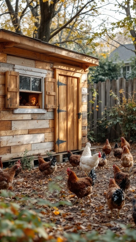 A charming chicken house made from repurposed pallets, surrounded by chickens in a yard.